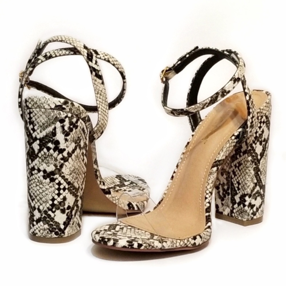 Liliana Snakeskin + Clear Strappy Chunky Heel Sandals • 8